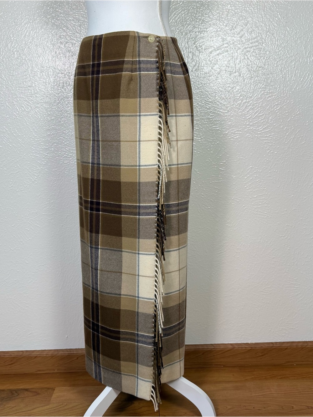 Vintage Talbots 100% Lambswool Plaid Fringe Wrap Maxi Skirt Size 8 - Picture 2 of 7